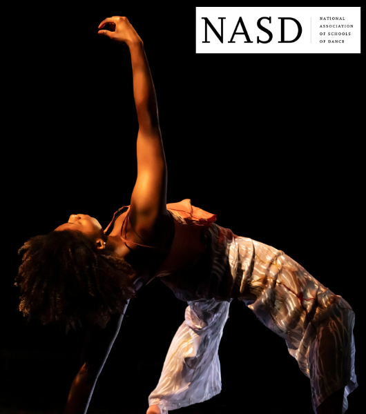 African American female dancer in a back bend with her right arm reaching to the sky. National Association of Schools of Dance NASD logo in black and white in top right corner.